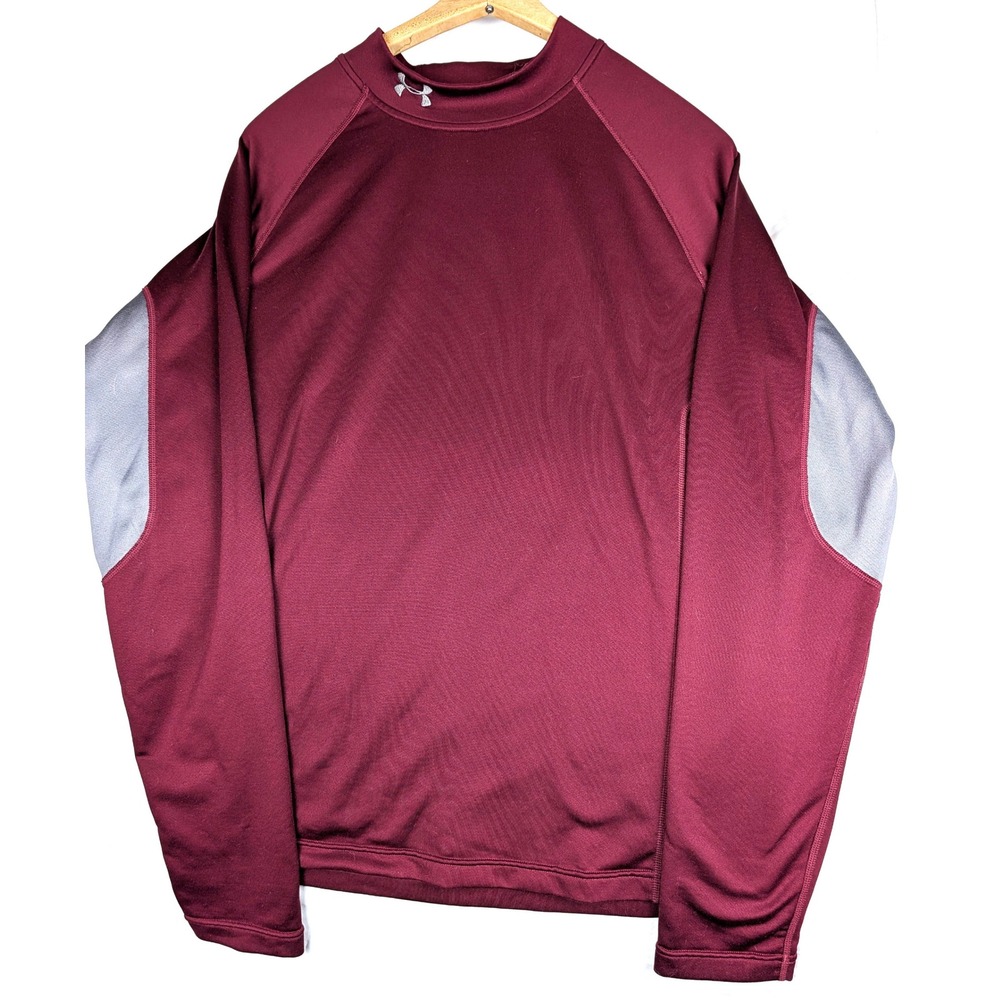 Under Armour ColdGear Mens Large Maroon Mock Neck Long Sleeve Shirt Ink Stain